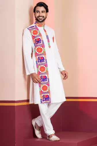 White Embroidered Faux Rayon navratri special kurta set