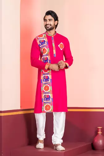 Pink Embroidered Faux Rayon navratri special kurta set