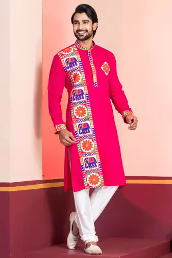 Pink Embroidered Faux Rayon navratri special kurta set