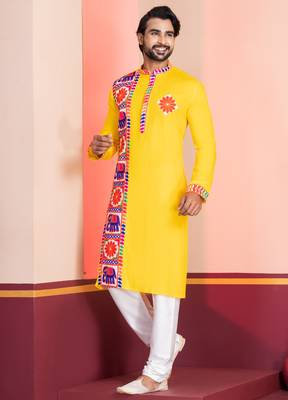 Yellow Embroidered Faux Rayon navratri special kurta set 1