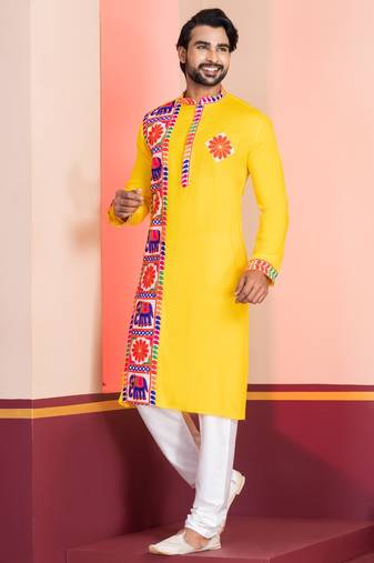 Yellow Embroidered Faux Rayon navratri special kurta set