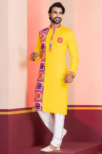 Yellow Embroidered Faux Rayon navratri special kurta set