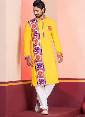 Yellow Embroidered Faux Rayon navratri special kurta set 2
