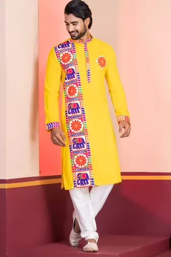 Yellow Embroidered Faux Rayon navratri special kurta set