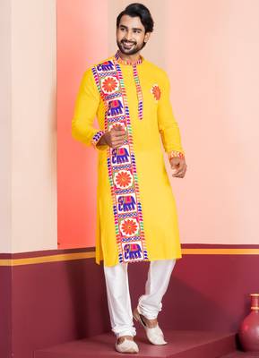 Yellow Embroidered Faux Rayon navratri special kurta set 3