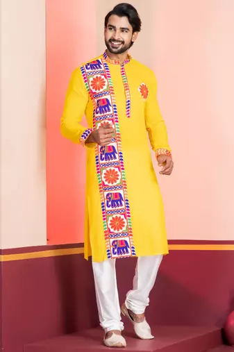 Yellow Embroidered Faux Rayon navratri special kurta set