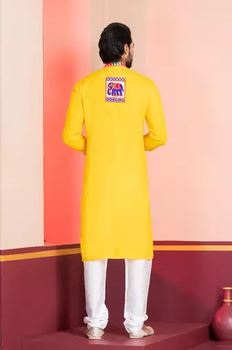 Yellow Embroidered Faux Rayon navratri special kurta set