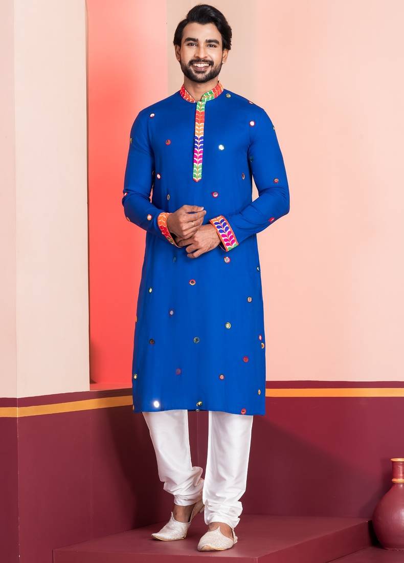 Blue Embroidered Faux Rayon navratri special kurta pyjama