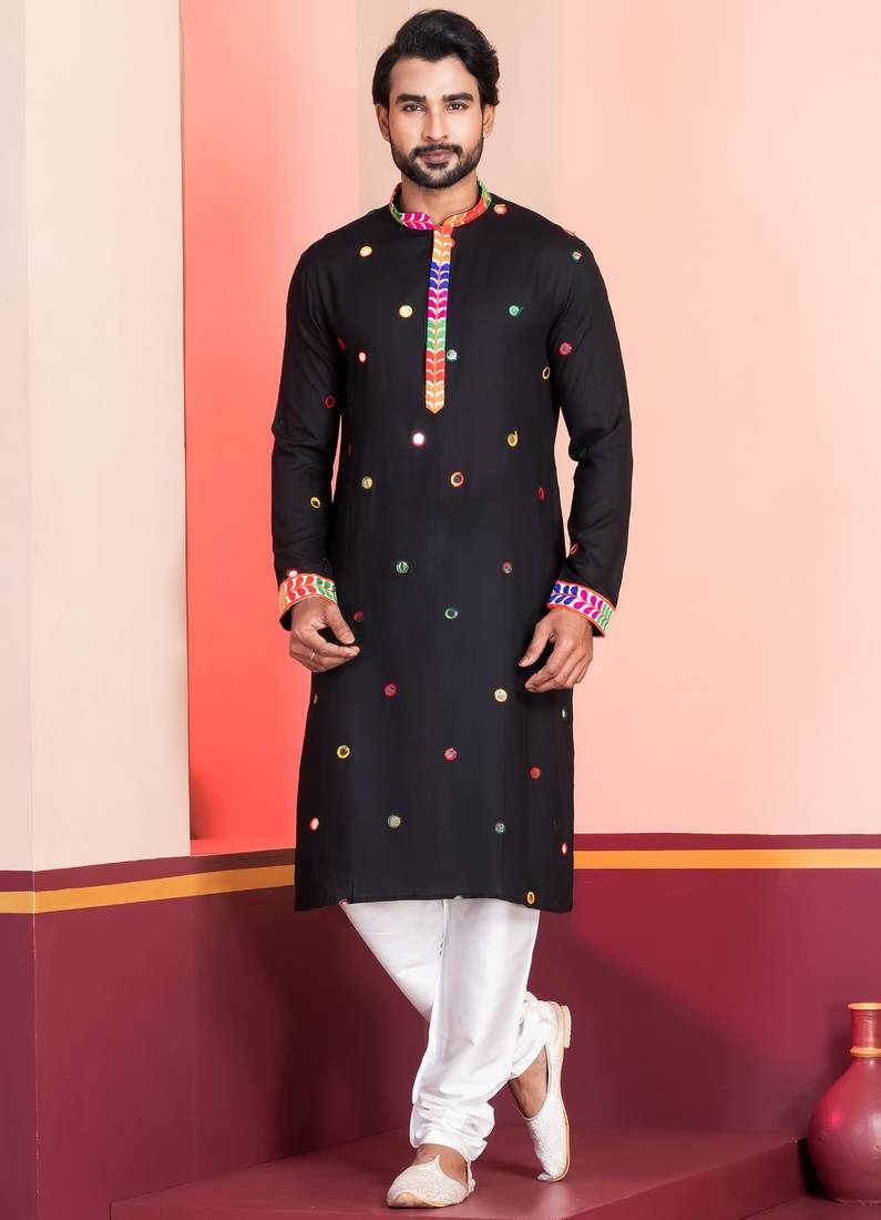 Black Embroidered Faux Rayon navratri special kurta pyjama