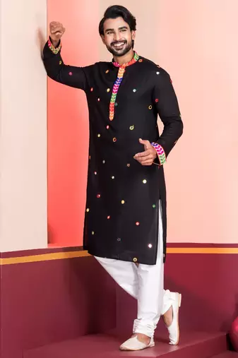 Black Embroidered Faux Rayon navratri special kurta pyjama