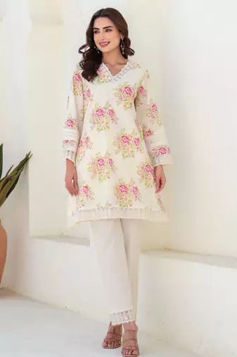 Tiara vanilla white printed cotton co ord sets