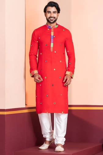 Red Embroidered Faux Rayon navratri special kurta pyjama