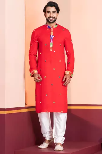 Red Embroidered Faux Rayon navratri special kurta pyjama