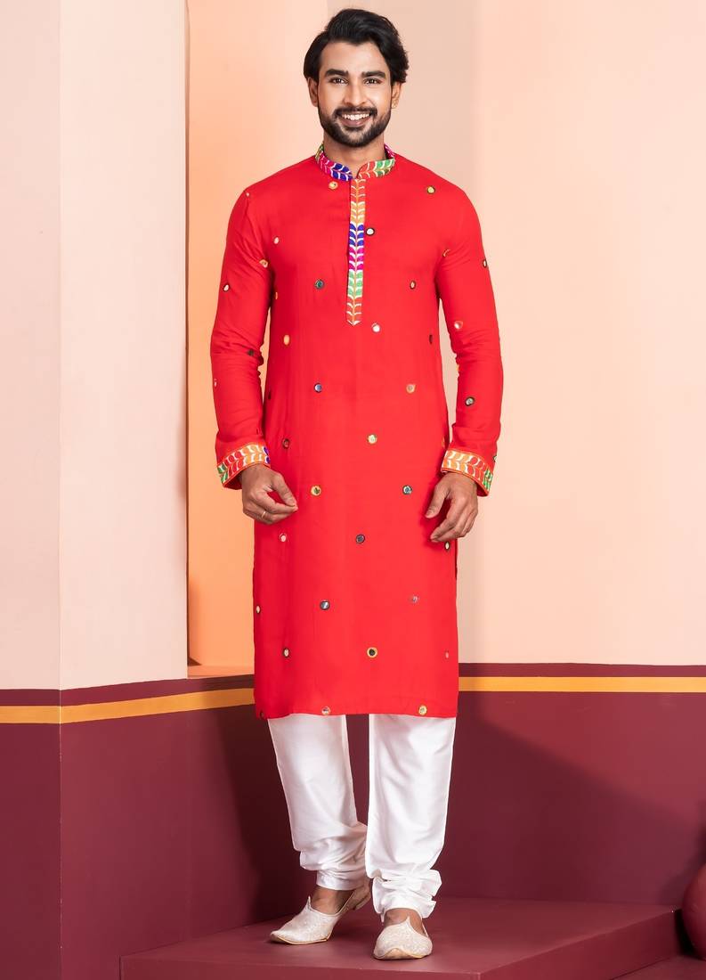 Red Embroidered Faux Rayon navratri special kurta pyjama