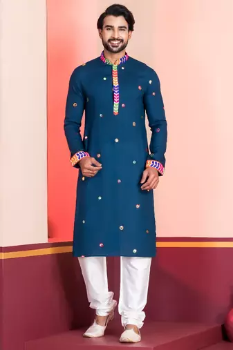 Blue Embroidered Faux Rayon navratri special kurta pyjama