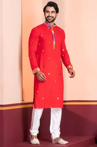 Red Embroidered Faux Rayon navratri special kurta pyjama
