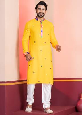 Yellow Embroidered Faux Rayon navratri special kurta pyjama 1