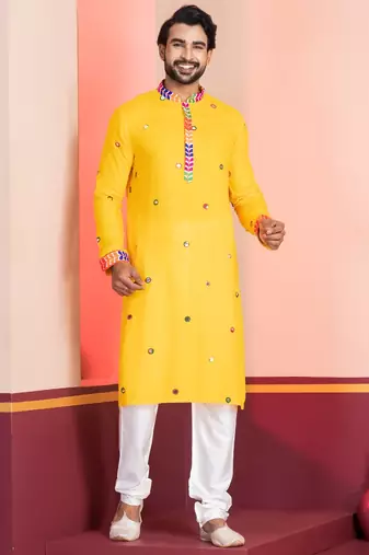 Yellow Embroidered Faux Rayon navratri special kurta pyjama