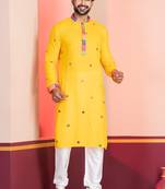 Yellow Embroidered Faux Rayon navratri special kurta pyjama
