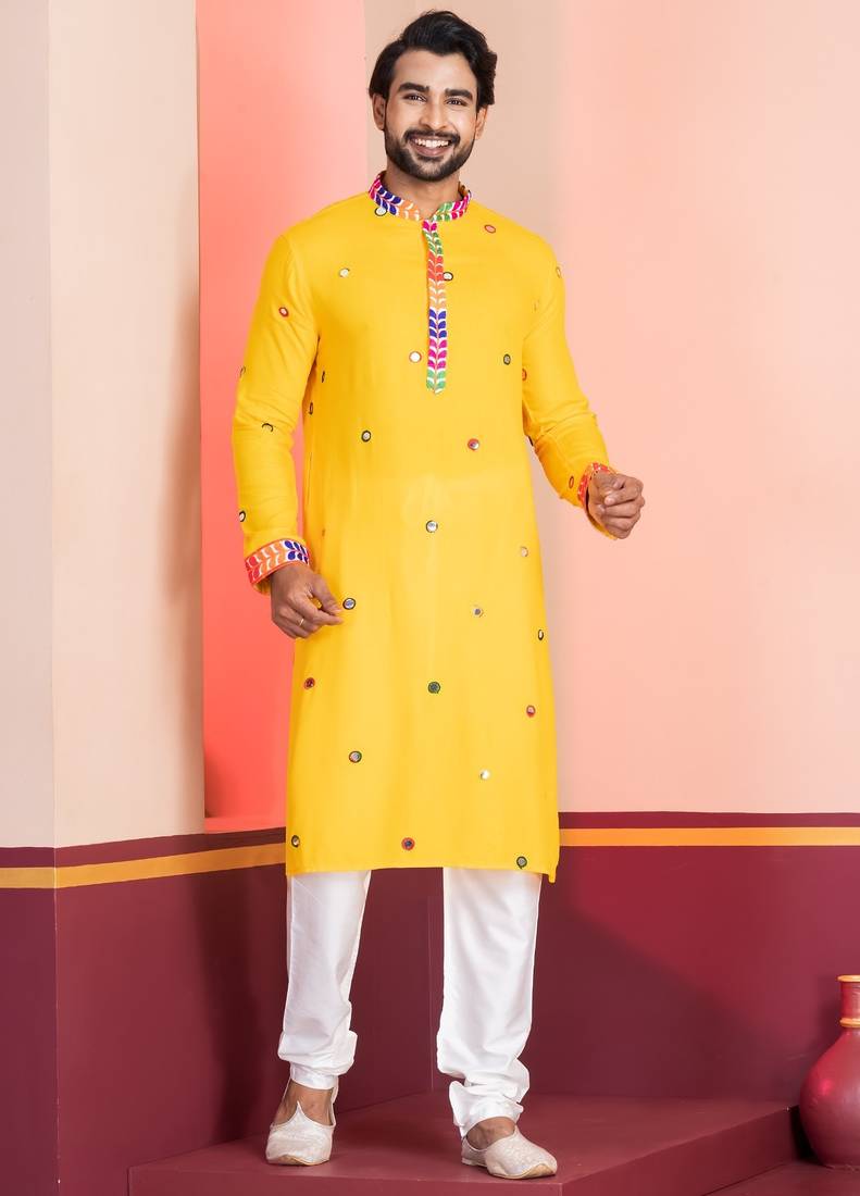 Yellow Embroidered Faux Rayon navratri special kurta pyjama
