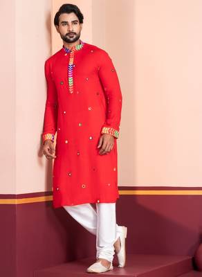 Red Embroidered Faux Rayon navratri special kurta pyjama 3