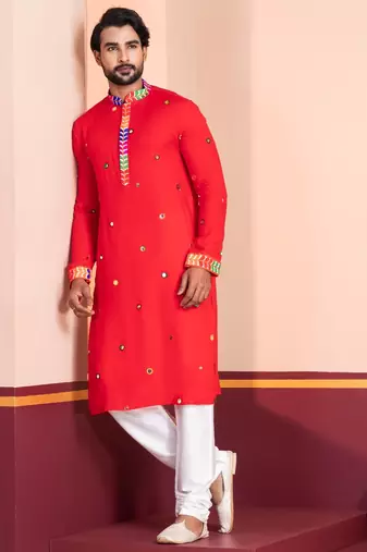 Red Embroidered Faux Rayon navratri special kurta pyjama
