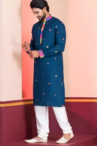 Blue Embroidered Faux Rayon navratri special kurta pyjama