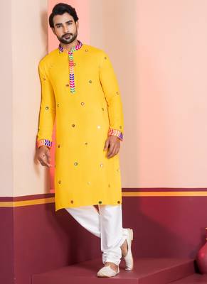 Yellow Embroidered Faux Rayon navratri special kurta pyjama 2