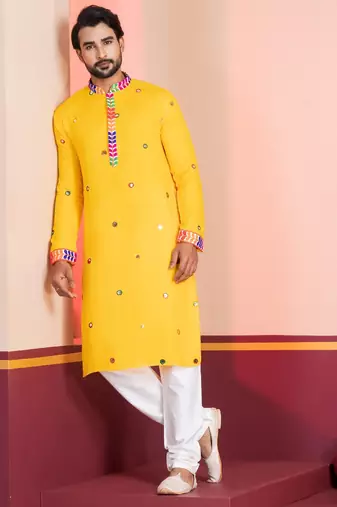 Yellow Embroidered Faux Rayon navratri special kurta pyjama