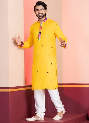Yellow Embroidered Faux Rayon navratri special kurta pyjama 3