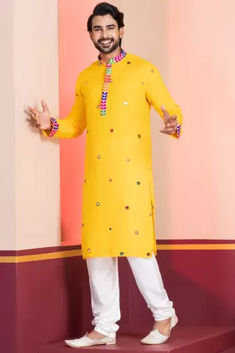 Yellow Embroidered Faux Rayon navratri special kurta pyjama