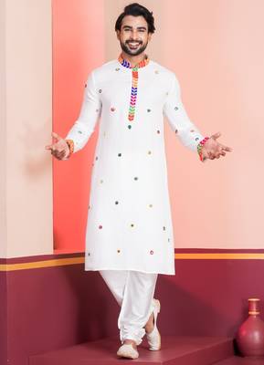 White Embroidered Faux Rayon navratri special kurta pyjama 1