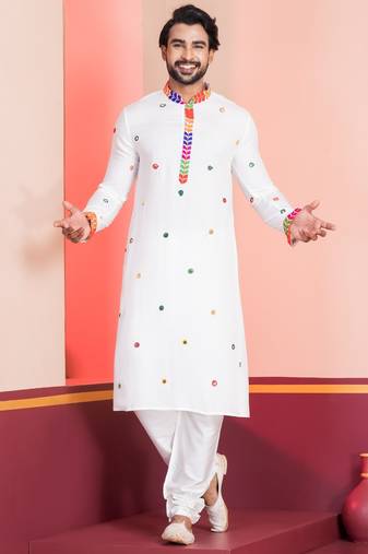 White Embroidered Faux Rayon navratri special kurta pyjama