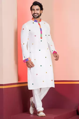 White Embroidered Faux Rayon navratri special kurta pyjama