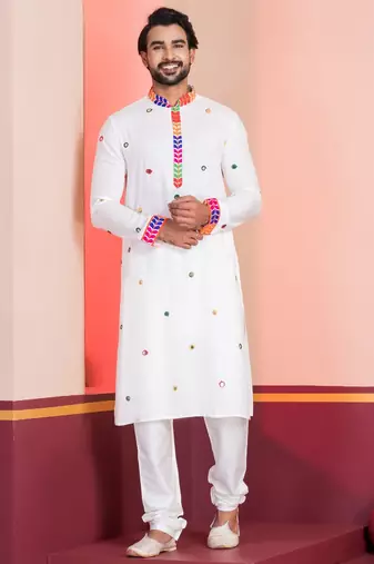 White Embroidered Faux Rayon navratri special kurta pyjama