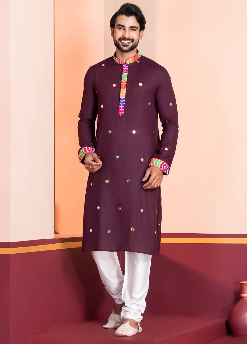 Maroon Embroidered Faux Rayon navratri special kurta pyjama