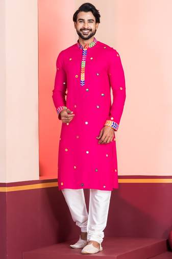 Pink Embroidered Faux Rayon navratri special kurta pyjama
