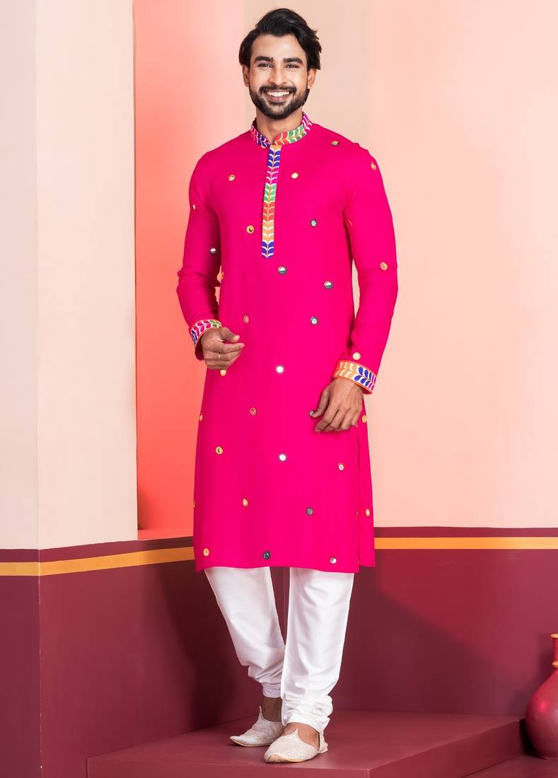 Pink Embroidered Faux Rayon navratri special kurta pyjama
