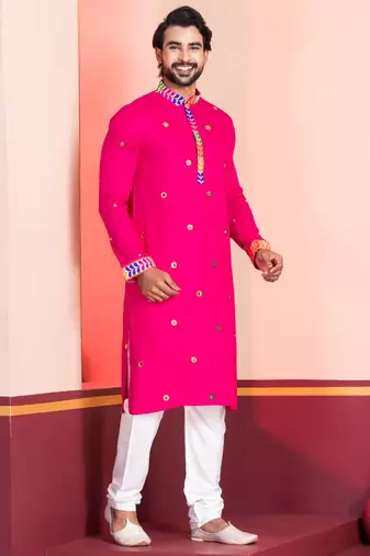 Pink Embroidered Faux Rayon navratri special kurta pyjama