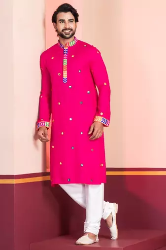 Pink Embroidered Faux Rayon navratri special kurta pyjama