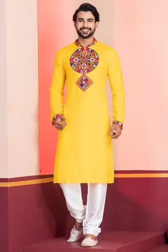 Yellow Faux Rayon Embroidered navratri collection kurta set
