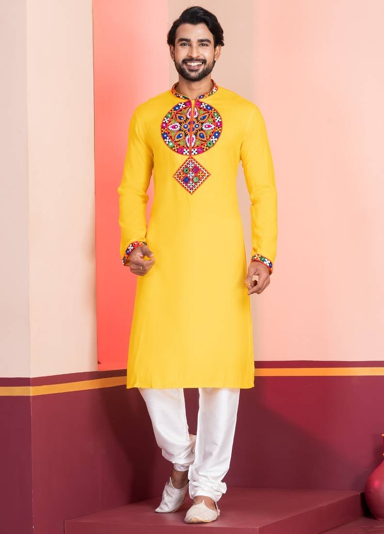 Yellow Faux Rayon Embroidered navratri collection kurta set