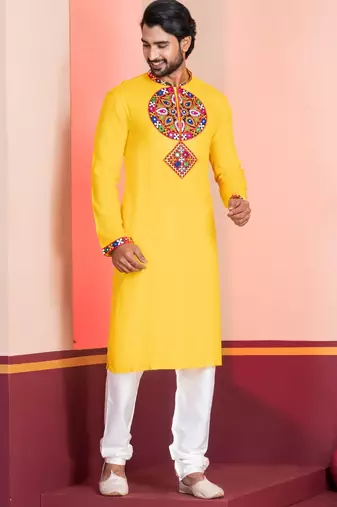 Yellow Faux Rayon Embroidered navratri collection kurta set