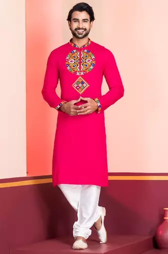 Pink Faux Rayon Embroidered navratri collection kurta set