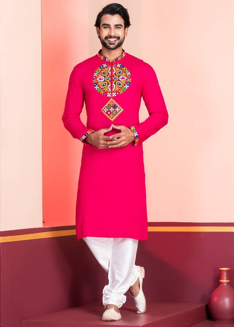 Pink Faux Rayon Embroidered navratri collection kurta set