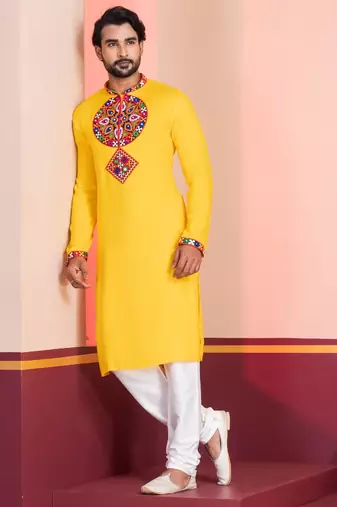 Yellow Faux Rayon Embroidered navratri collection kurta set