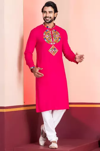 Pink Faux Rayon Embroidered navratri collection kurta set