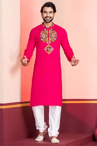 Pink Faux Rayon Embroidered navratri collection kurta set