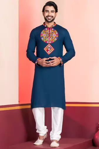 Blue Faux Rayon Embroidered navratri collection kurta set