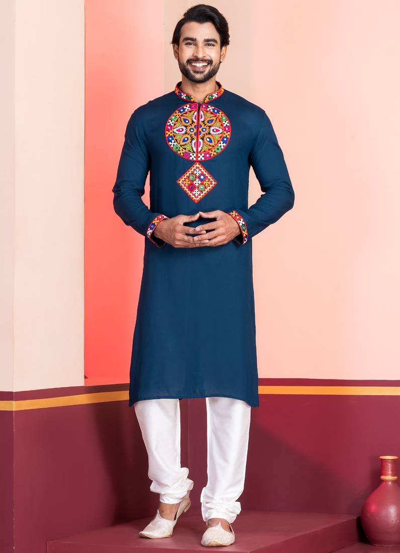 Blue Faux Rayon Embroidered navratri collection kurta set
